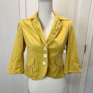 ANTHROPOLOGIE CIDRA Blazer Jacket Size 4 Cropped 3/4 Balloon Sleeve Gold